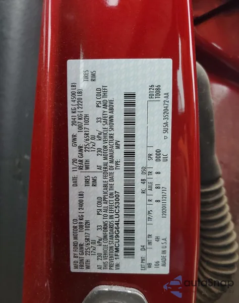 2020 Ford Escape Se from USA, damaged, VIN 1FMCU9G64LUC53007